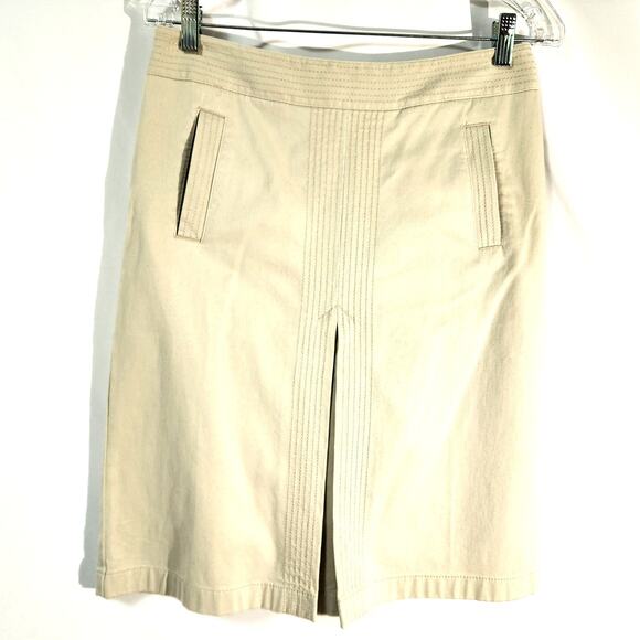 Ann Taylor Loft Ivory Khaki Pencil Skirt Size 4 Front Closed Slit Pattern Thread - Picture 1 of 11